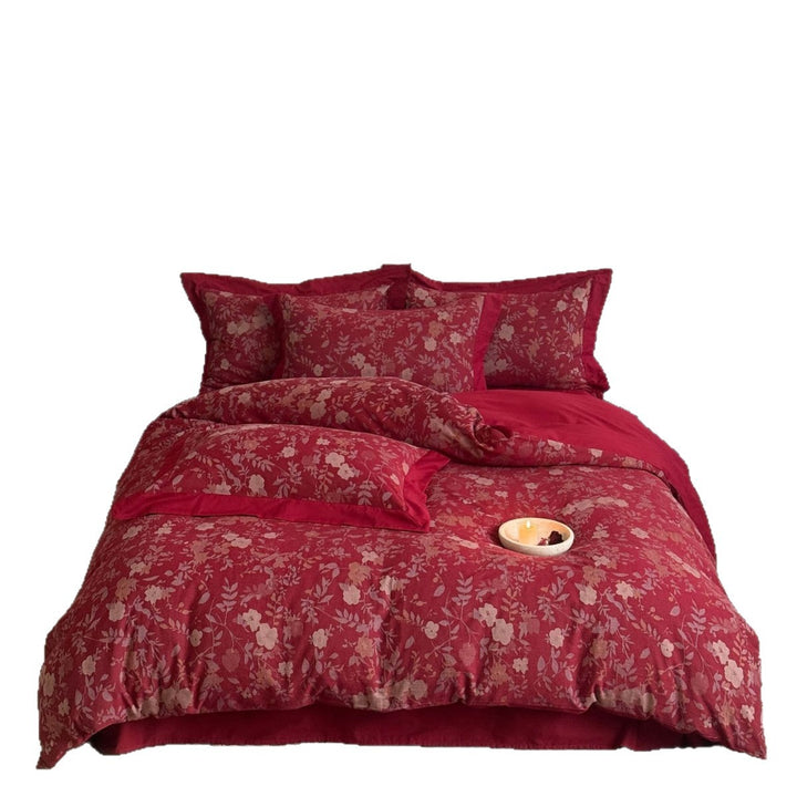 Premium bedding set made of cotton satin with floral jacquard and elegant linen edge Stornfield