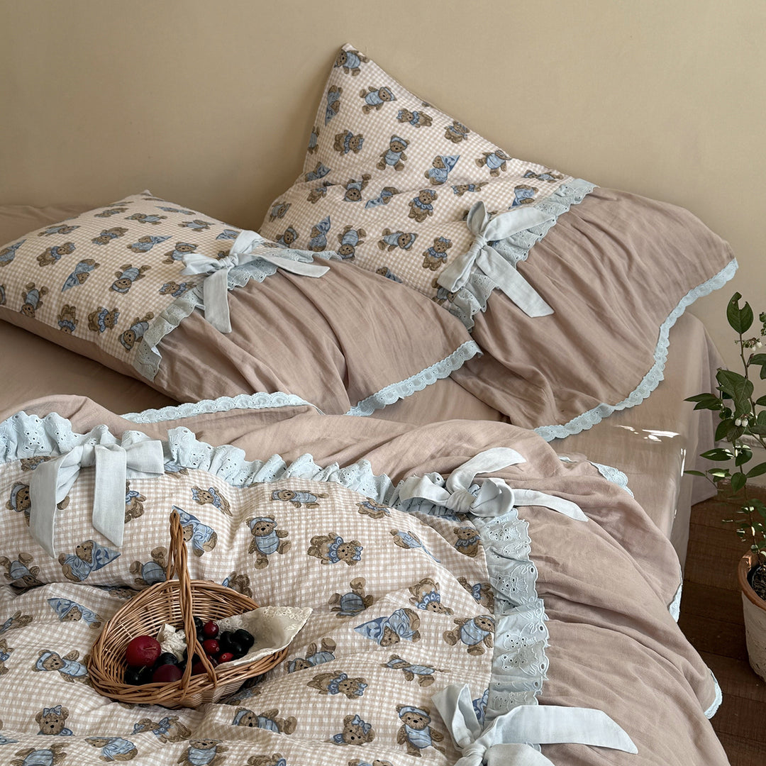Vintage Ruffled Cotton Quilted Duvet Cover Set with Bow-Tied Pillow Shams & Bedskirt