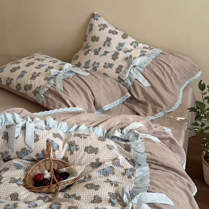 Vintage Ruffled Cotton Quilted Duvet Cover Set with Bow-Tied Pillow Shams & Bedskirt