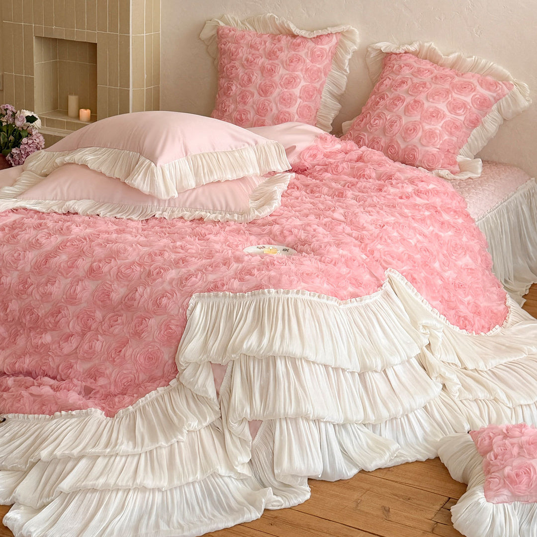 Ruffled Rosette Textured Duvet Cover Set with Pleated Layered Bed Skirt and Frilled Pillow Shams