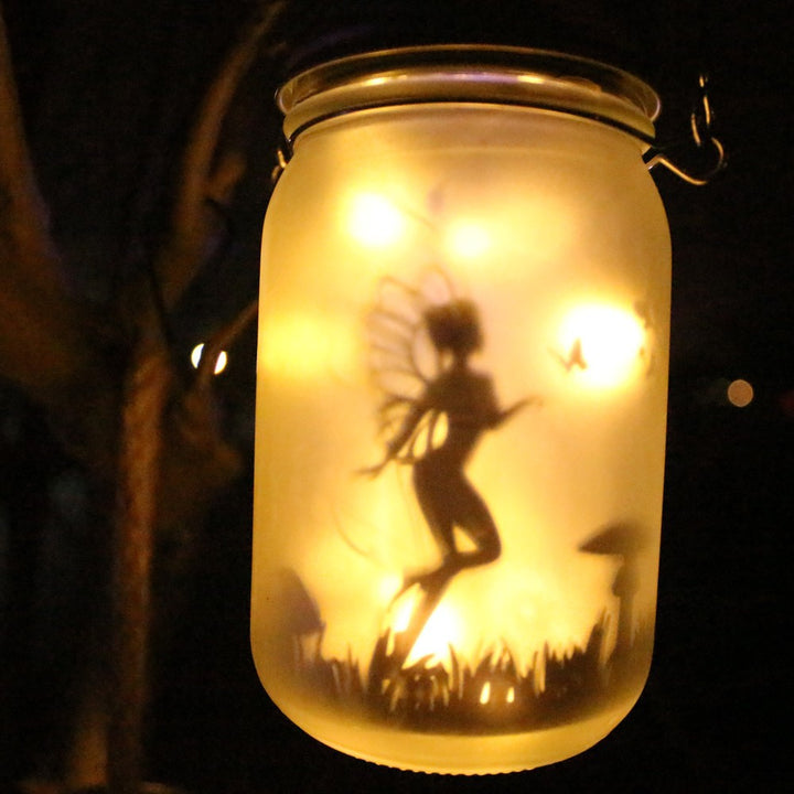 Solar Powered Frosted Fairy Silhouette Mason Jar Lantern With Multicolor LEDs Stornfield