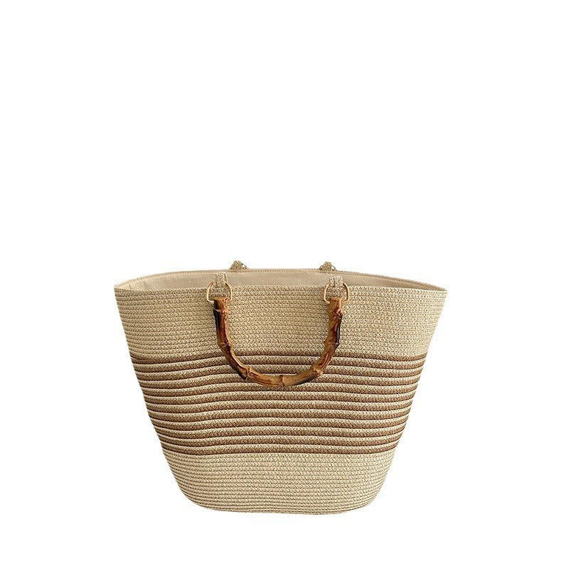 Stylish straw bag with high-quality wooden handle Stornfield