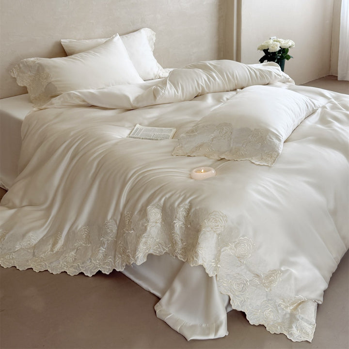 Luxury Embroidered Satin Duvet Cover Set with Scalloped Rose Lace Trim