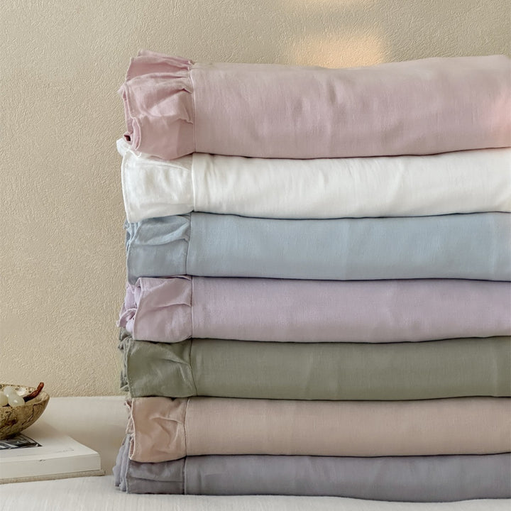 Washed Soft-Touch Ruffled-Hem Cotton-Linen Blend Duvet Cover Set with Hidden Corner Ties