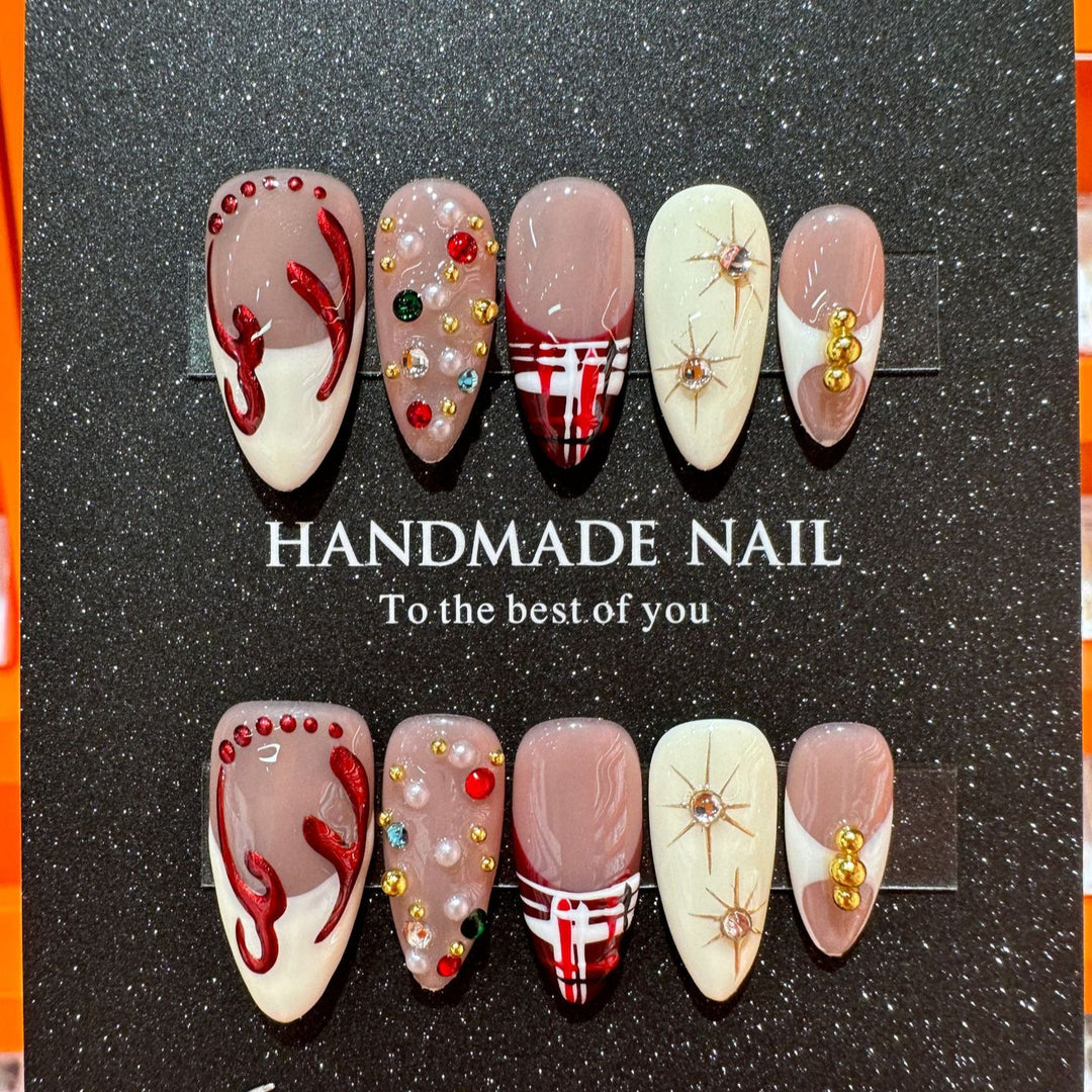 Decorative Press-On Nail Art Set with Gem and Artistic Accents