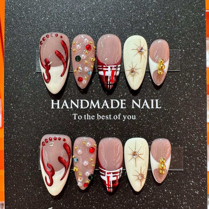 Decorative Press-On Nail Art Set with Gem and Artistic Accents