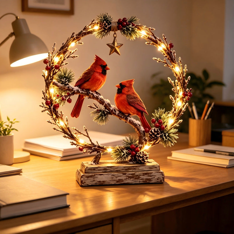 Decorative Christmas wreath with lights and birds Stornfield