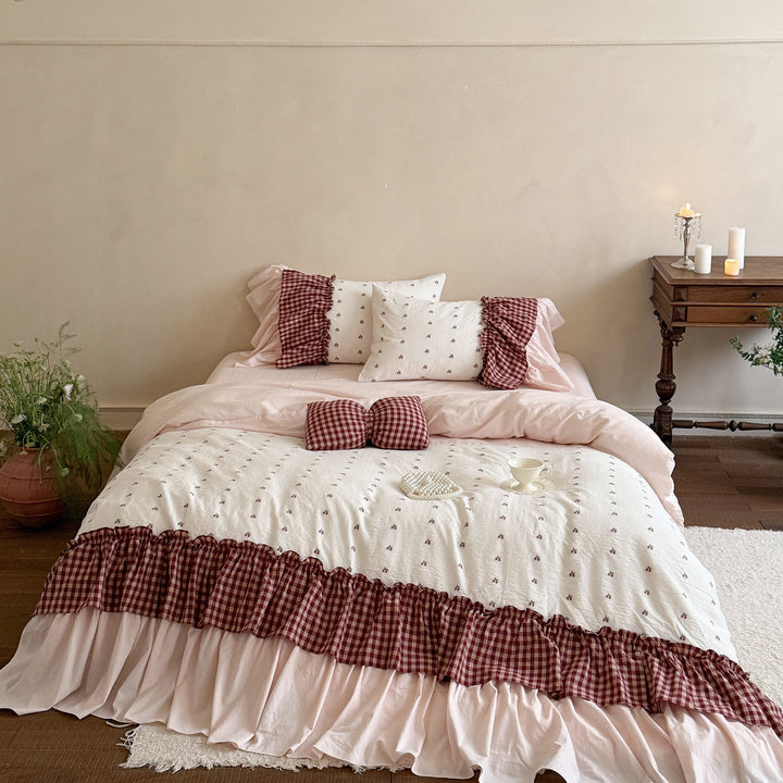 Ruffled Gingham-Trim Cotton Duvet Cover Set with Bed Skirt and Decorative Pillow Shams