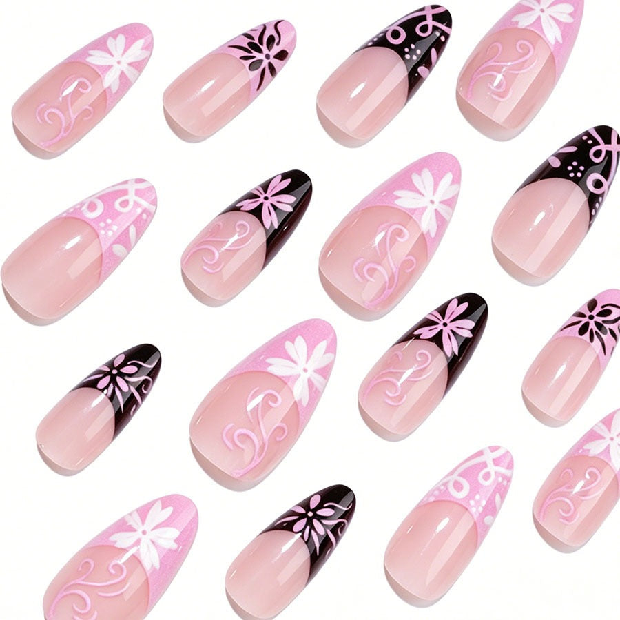 Artificial nail set with decorative flower-like and geometric designs Stornfield