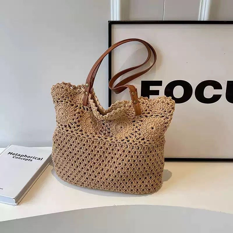 Crochet handbag with durable leather handles Stornfield