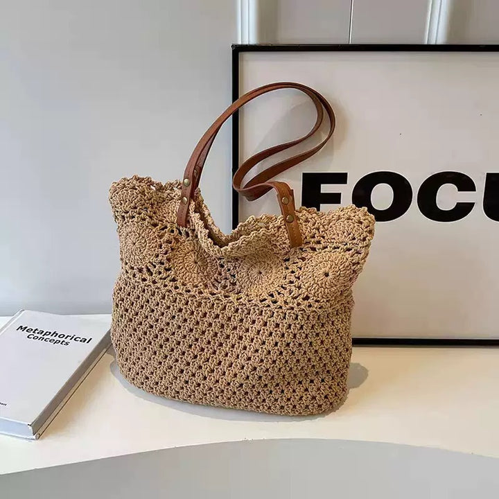 Crochet handbag with durable leather handles Stornfield