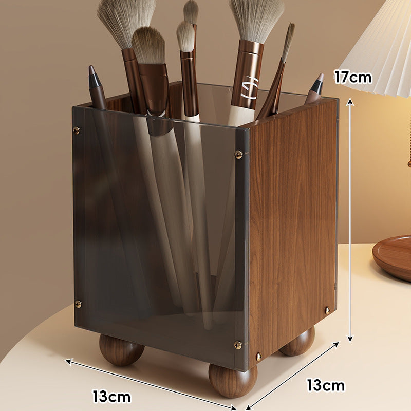 Wood and Smoked Acrylic Makeup Brush Holder Organizer with Rounded Ball Feet