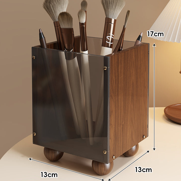 Wood and Smoked Acrylic Makeup Brush Holder Organizer with Rounded Ball Feet