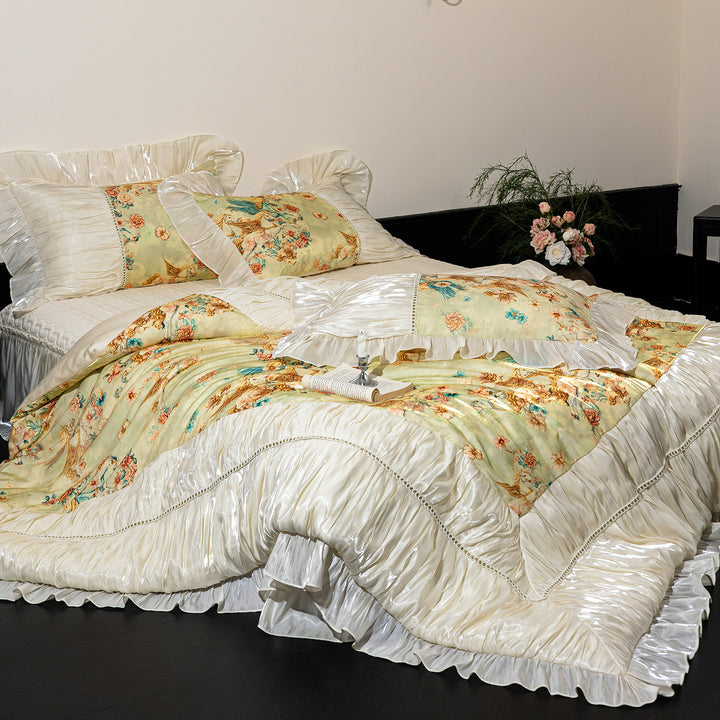 Satin-Trim Ruffled Floral Duvet Cover Set with Decorative Pillow Shams