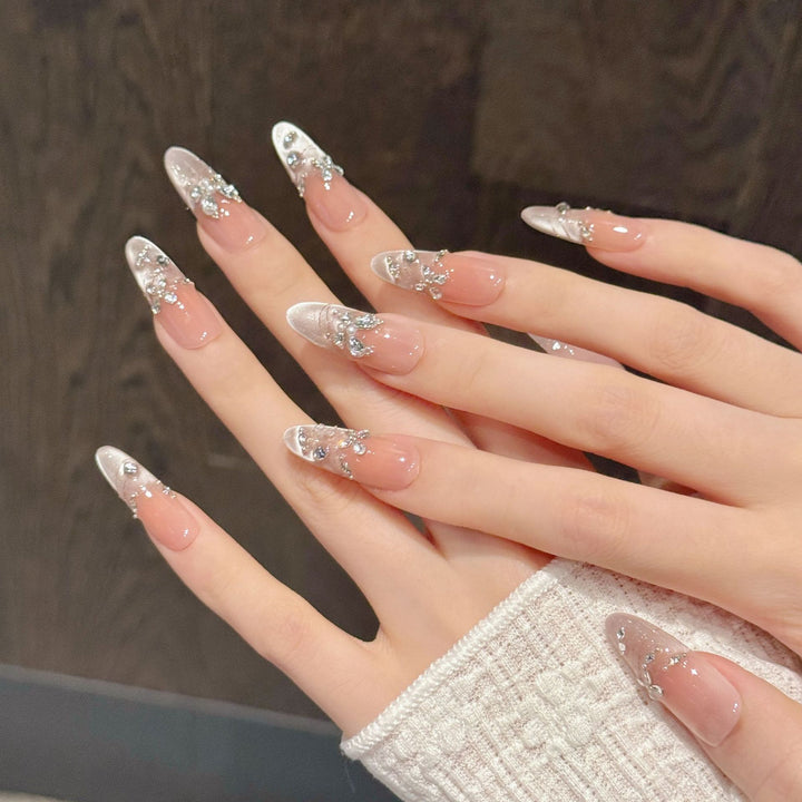 Decorative Press-On Nail Art Set with Rhinestone and Elegant Details