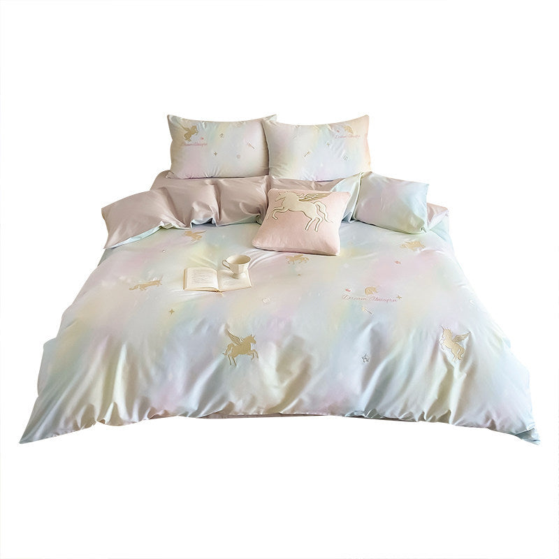 Pastel Unicorn Cotton Sateen Duvet Cover Set with Embroidered Decorative Cushion