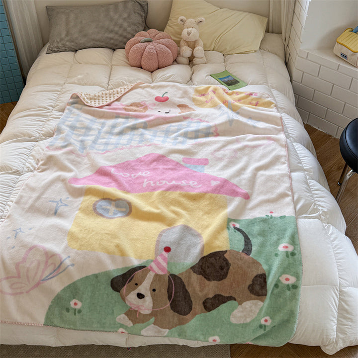 Reversible Plush Sherpa Throw Blanket with Cartoon Cat Design