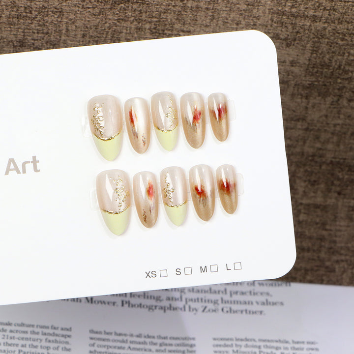 Elegant Press-On Nail Set with Floral Gold Accents Stornfield
