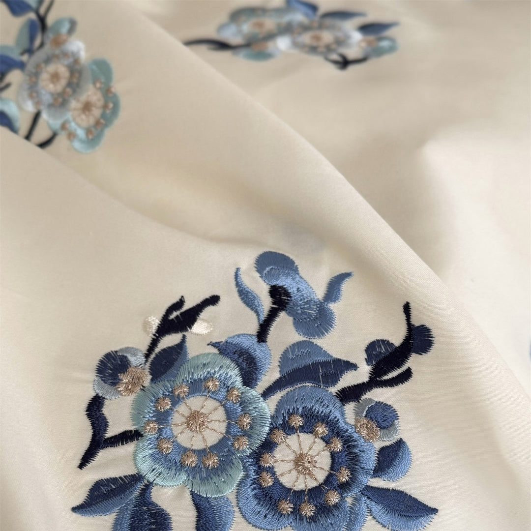 Embroidered Floral Cotton Sateen Duvet Cover Set with Tie Closures