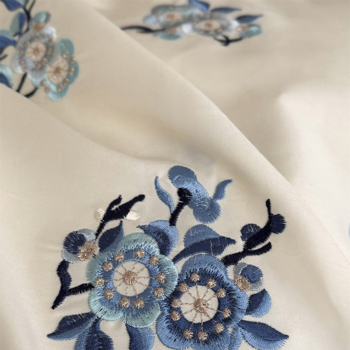 Embroidered Floral Cotton Sateen Duvet Cover Set with Tie Closures