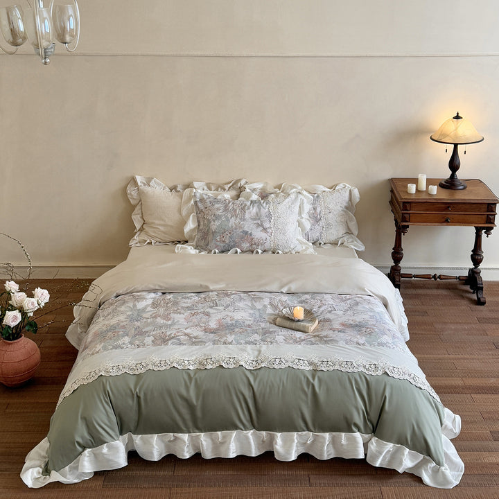 Ruffled Lace-Trim Floral Duvet Cover Set with Printed Panel & Frilled Shams