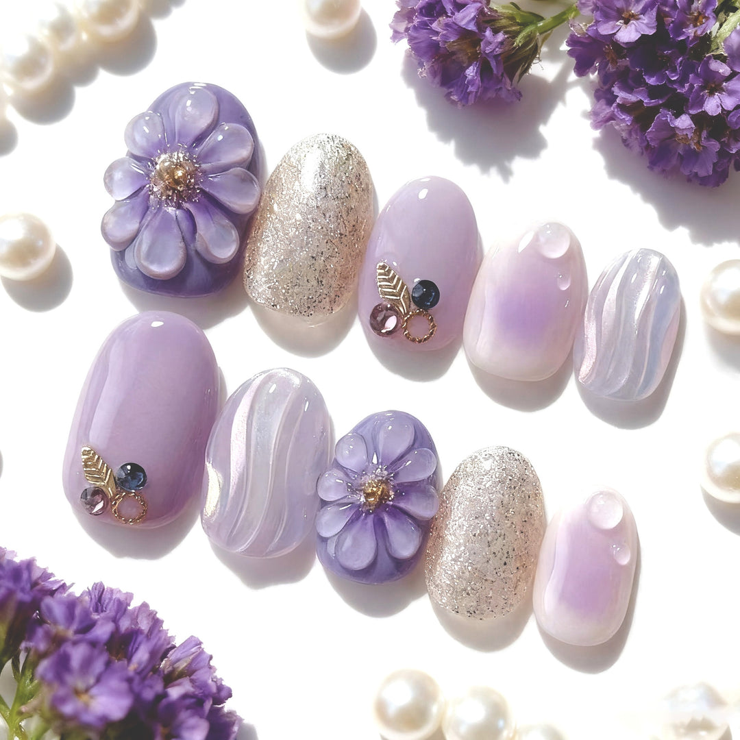 Elegant Decorative Press-On Nail Set with Floral and Gem Accents Stornfield