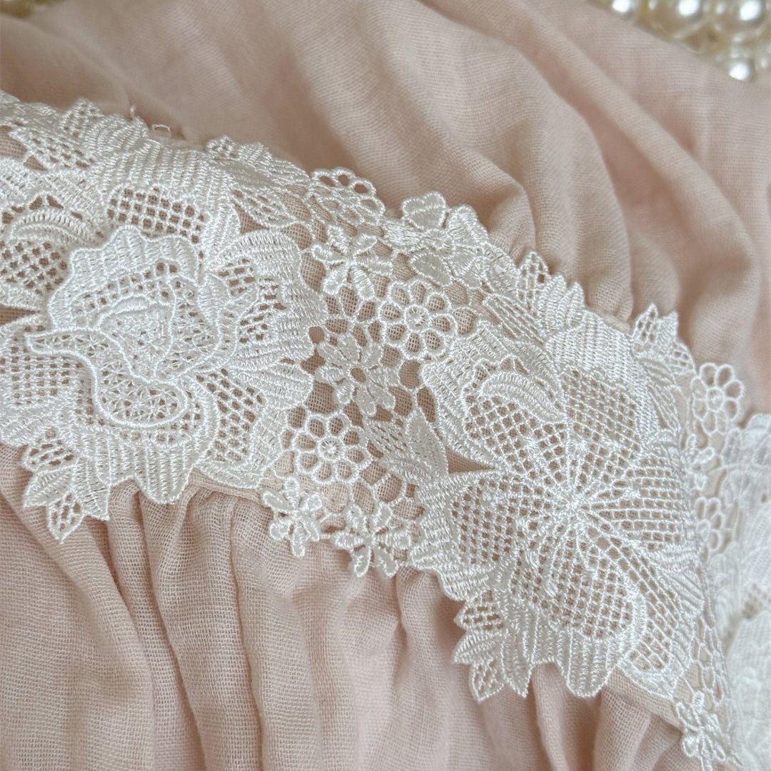 Washed Linen-Blend Gathered Duvet Cover Set with Floral Lace Band