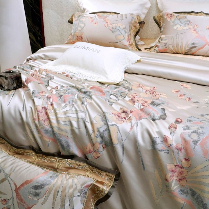 Luxury Botanical Satin-Feel Duvet Cover Set with Embroidered Gold Border and Reversible Sateen Backing