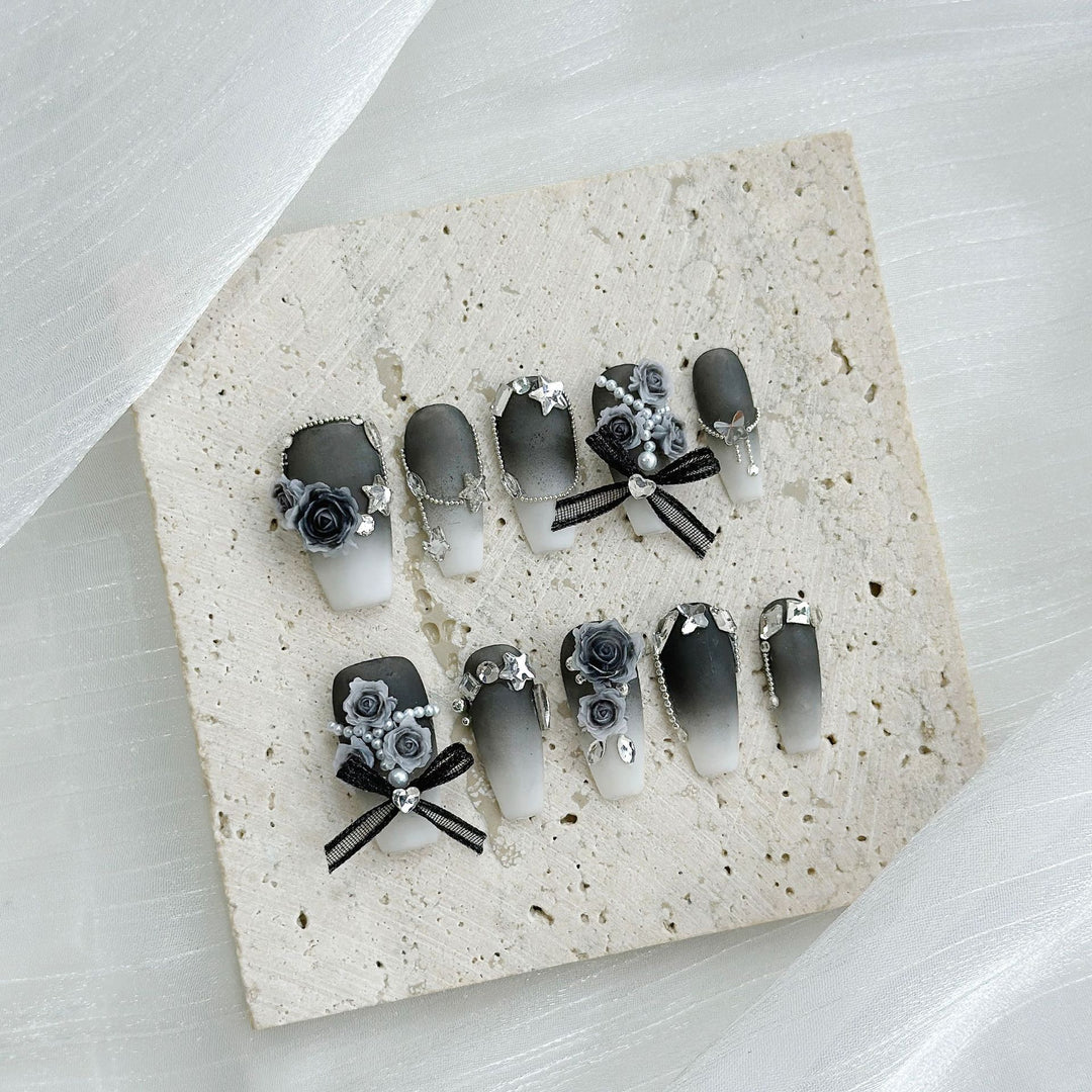 Decorative Floral Press-On Nail Set with Gem Accents