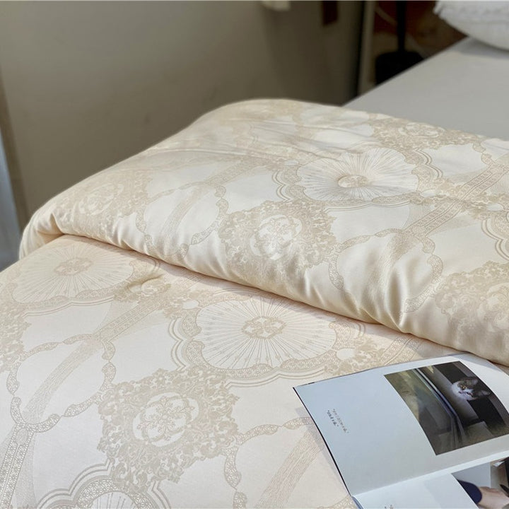 Luxury Jacquard Satin Duvet Cover Ensemble with Tufted Comforter Insert and Lace-Trim Pillow Shams