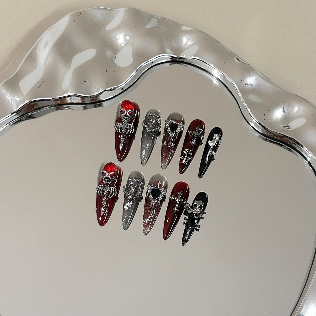 Gothic-Themed Press-On Nail Art Set with Unique Silver Accents