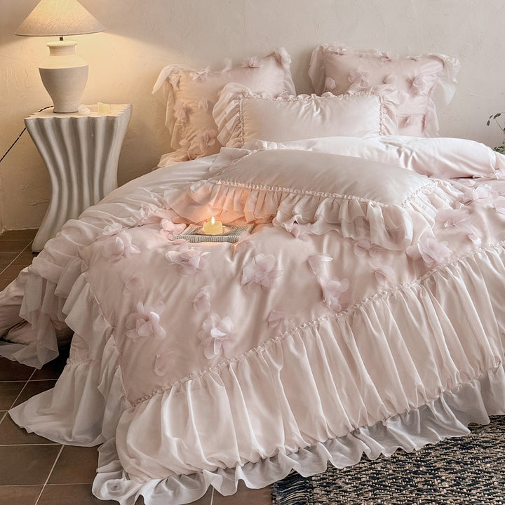 Romantic Ruffled Floral Appliqué Duvet Cover Set