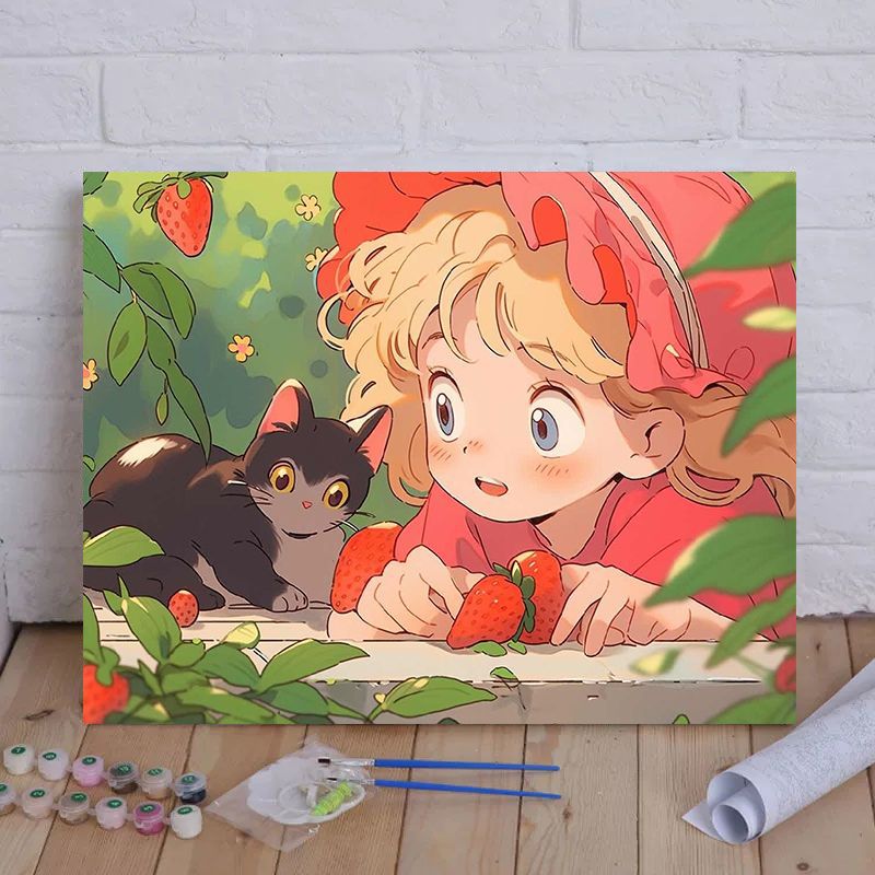 Cartoon Cat and Girl Themed Canvas Paint by Numbers Art Kit Stornfield