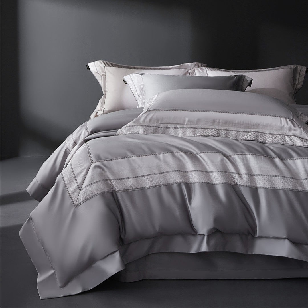 Luxury Micro-Sateen Duvet Cover Set with Embroidered Border and Decorative Shams