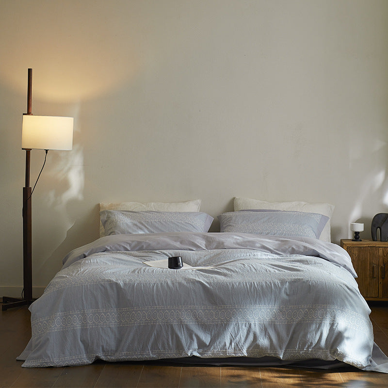 Embroidered Stripe Organic Cotton Duvet Cover Set with Pillow Shams