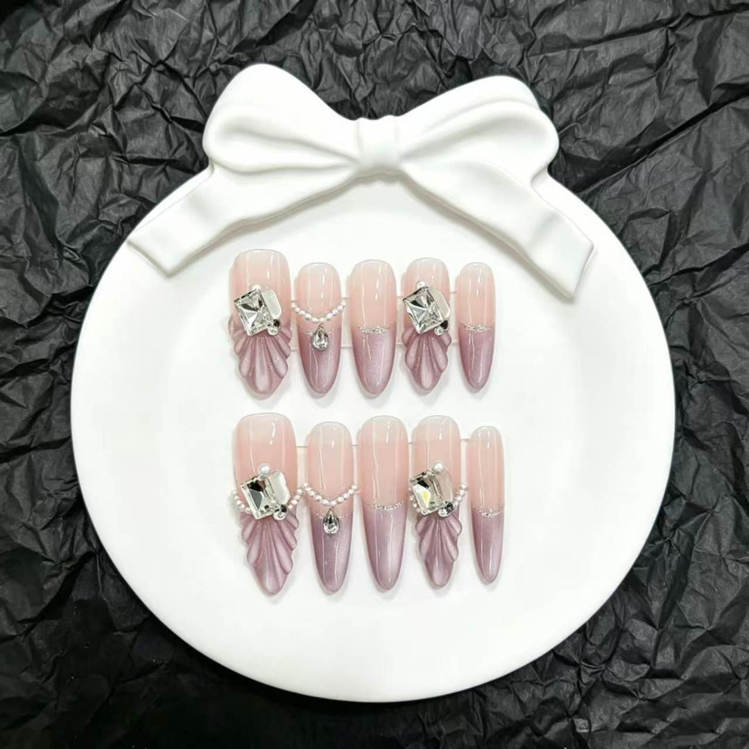 Decorative Press-On Nail Set with Gem and Pearl Accents