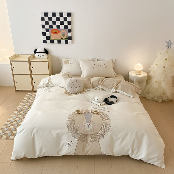 Children's Cotton Lion Appliqué Duvet Cover Bedding Set