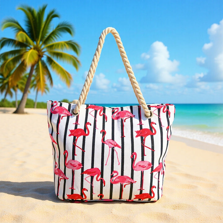 Beach bag with flamingo pattern and sturdy rope handles Stornfield