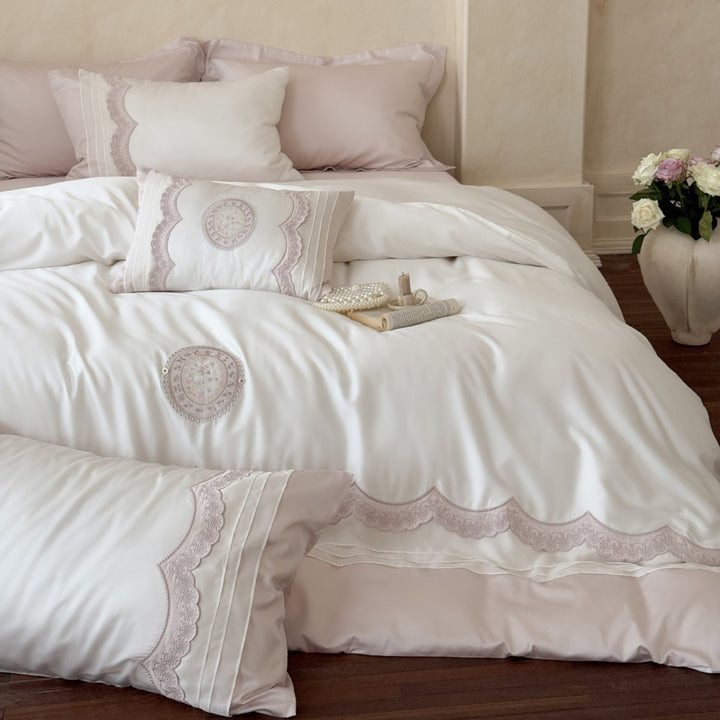 Scalloped Lace-Trimmed Sateen Duvet Cover Set with Embroidered Medallion & Decorative Pillow Shams