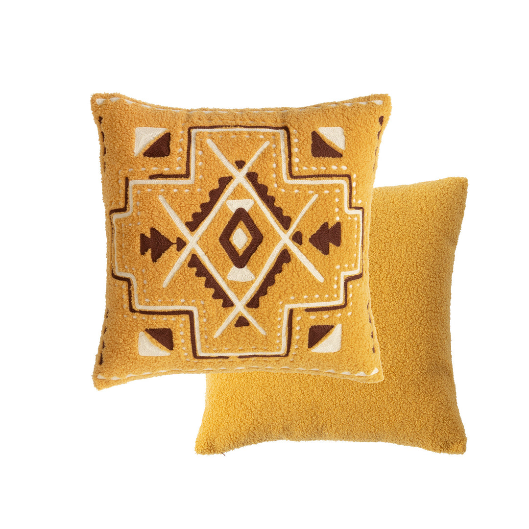 Bouclé pillow with hand-stitched ethnic design and removable cover Stornfield