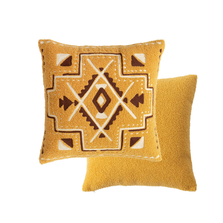 Bouclé pillow with hand-stitched ethnic design and removable cover Stornfield