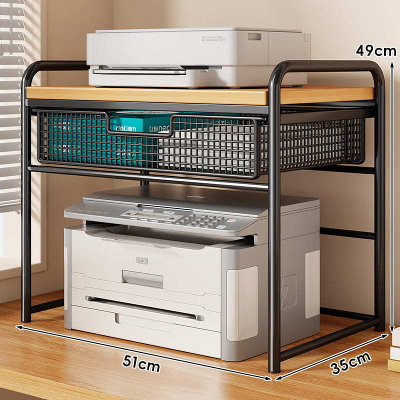 Two Tier Metal and Wood Printer Stand with Sliding Mesh Drawer and Under-Shelf Storage