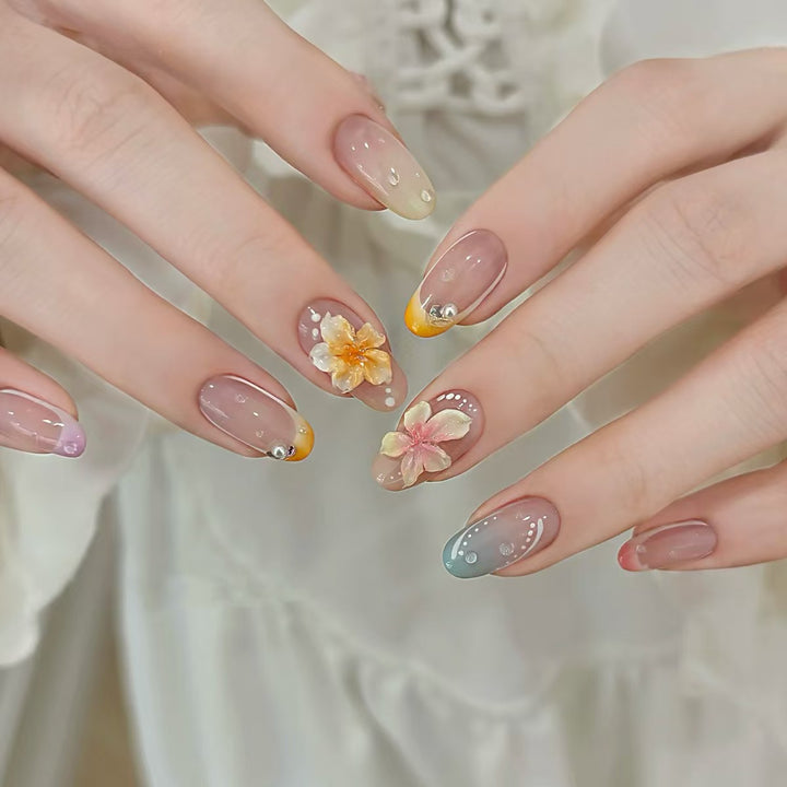 Artistic Press-On Nail Set with Floral and Ombré Designs Stornfield
