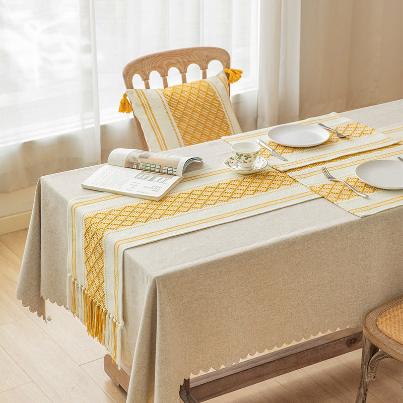 Handwoven cotton table runner with ethnic diamond pattern and fringes Stornfield
