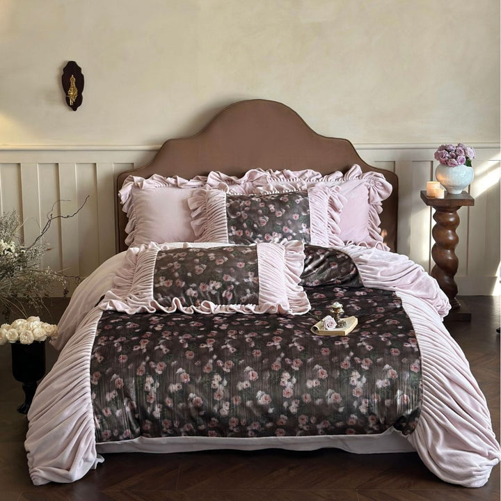 Floral Plush Velvet Panel Duvet Cover Set with Ruched Ruffle Trim