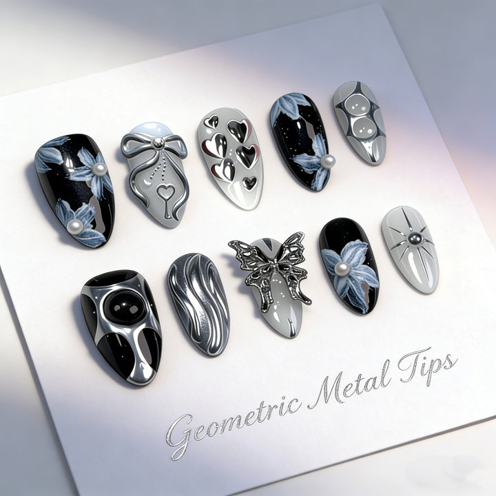 Decorative 3D Floral and Metallic Press-On Nail Art Set