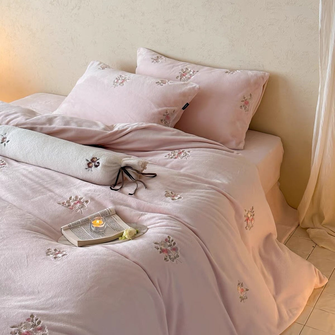 Embroidered Floral Velvet Duvet Cover Set with Pillow Shams