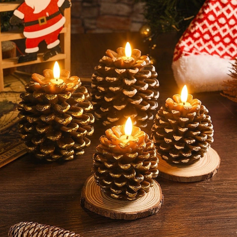 Decorative Pinecone Flameless LED Candle Set with Glittered Accents and Natural Wood Slice Bases