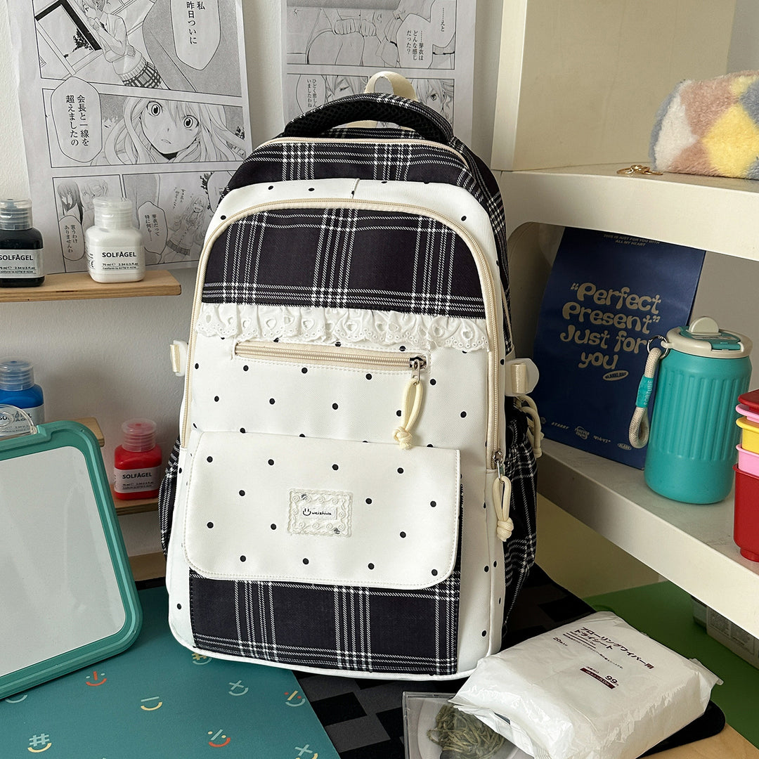 Plaid Patterned School Backpack with Cute Bunny Keychain Stornfield
