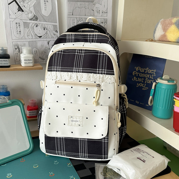 Plaid Patterned School Backpack with Cute Bunny Keychain Stornfield